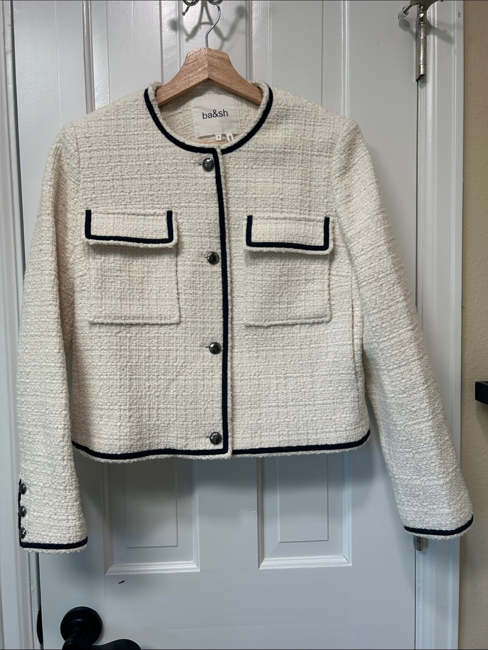ba&sh Cream Tweed Jacket with Black Piping